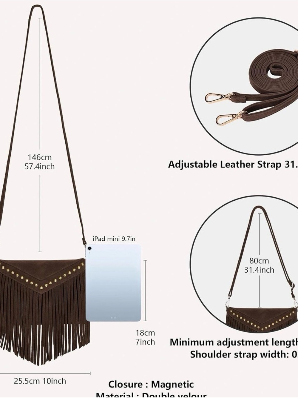 Kouli Buir Brown Fringe Crossbody Shoulder Bag - Picture 3 of 5